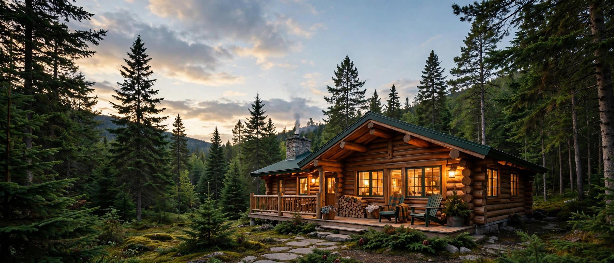Chalet en bois au bord d’un lac, entouré de forêt